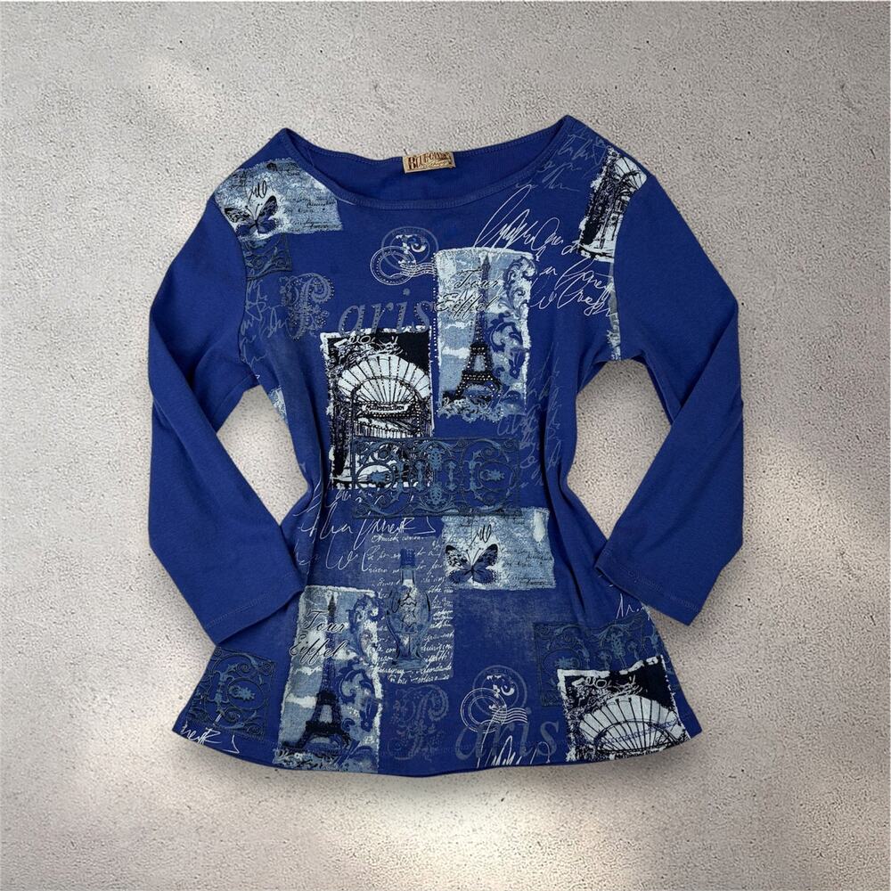 Y2K Blue Canyon Eiffel Paris Top Women's M Blue 3/4 Sleeve McBling Maximalist